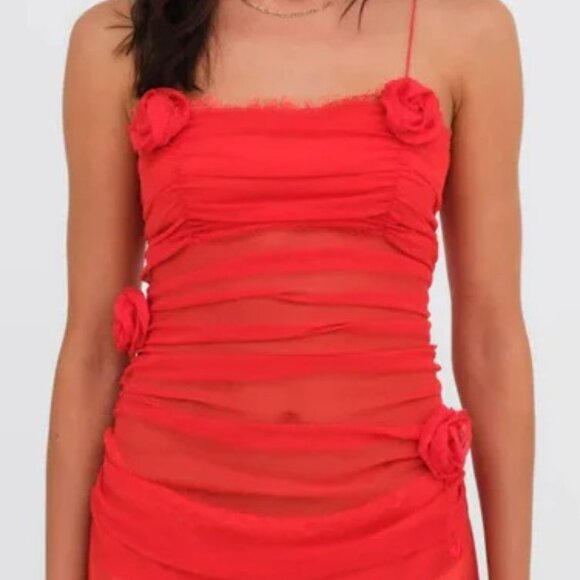 NWT FOR LOVE AND LEMONS ANGELA RED ROSE BUD CHIFFON & SATN MINI DRESS SIZE XS - Picture 2 of 13
